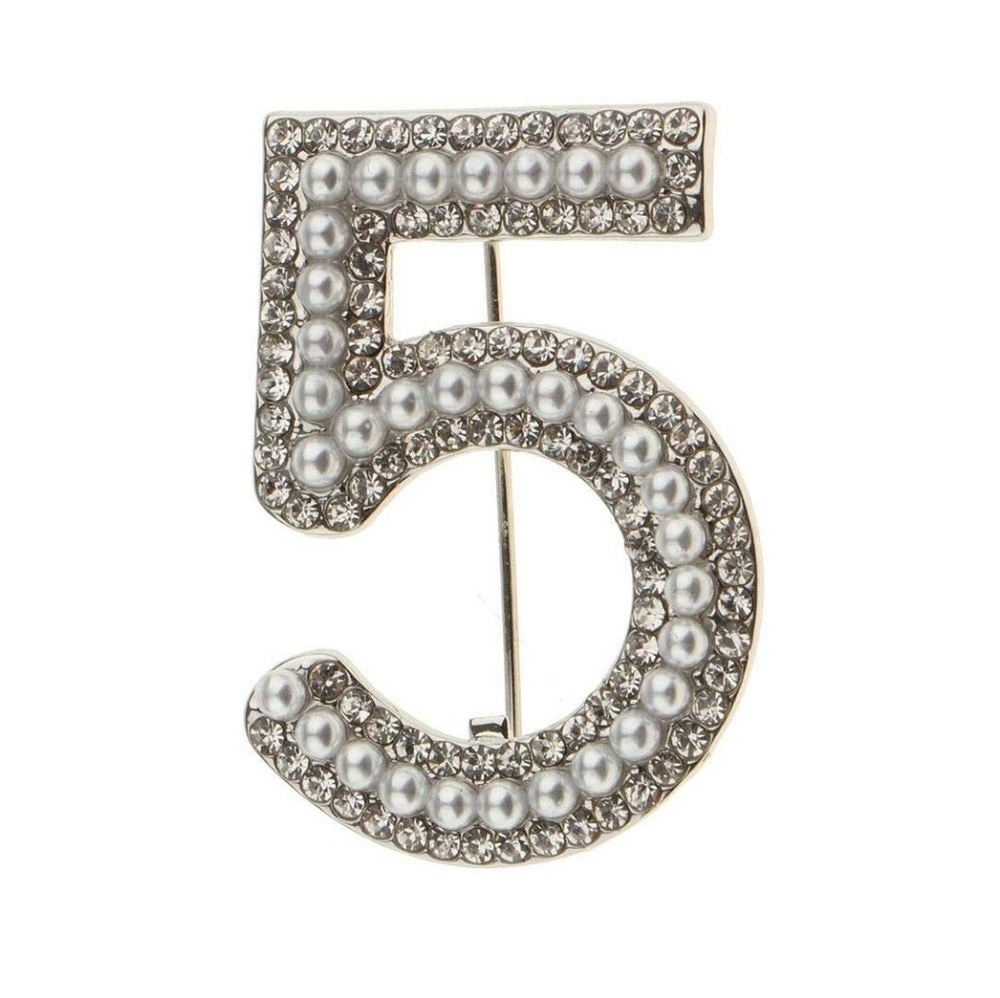 Silver pearl rhinestone no 5 paris brooch #5 five
